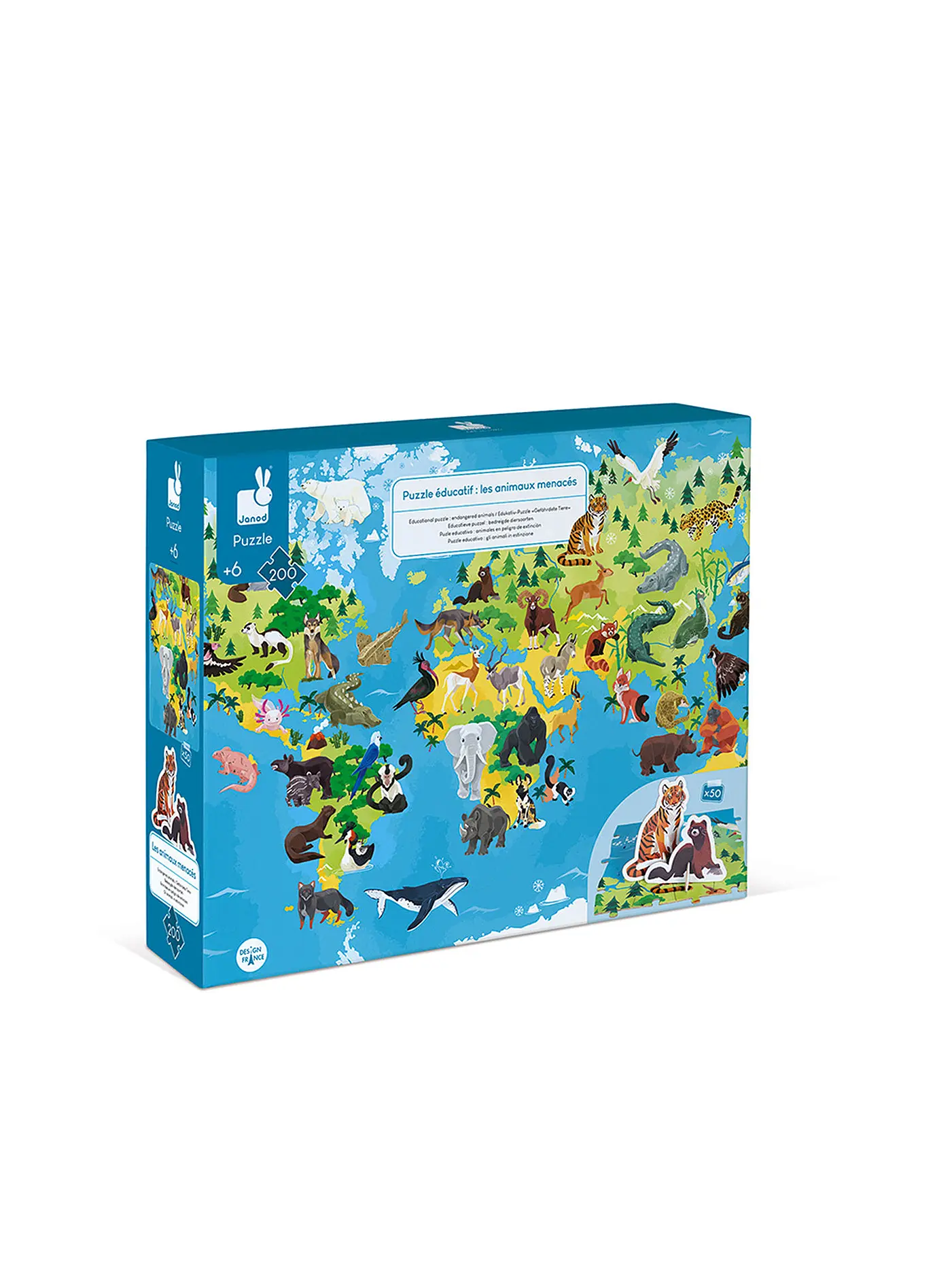 JANOD | Puzzle im Koffer - Gefährdete Tiere 200 Teile | 